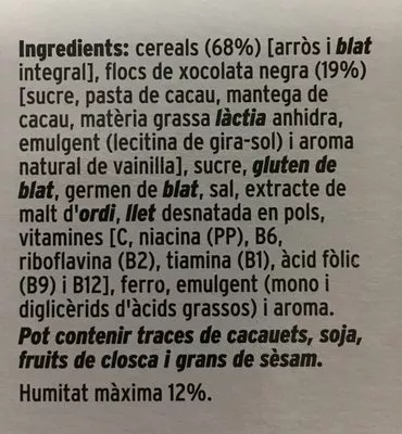 Lista de ingredientes del producto Cereals S. line Xocolata Condis 