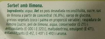 Lista de ingredientes del producto Sorbet amb llimona Condis 500 g