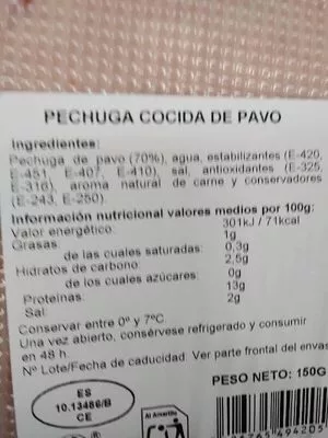 Lista de ingredientes del producto Pechuga de pavo cocida  150 g