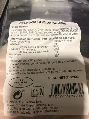 Lista de ingredientes del producto Pechuga pavo cocida hc premium 125 g