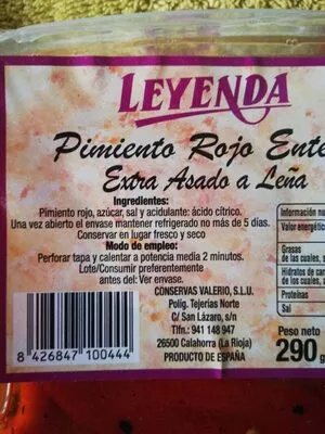 Lista de ingredientes del producto Pimiento rojo entero Leyenda 