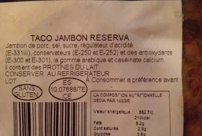 Lista de ingredientes del producto Taco jambon reserva Monroyo 