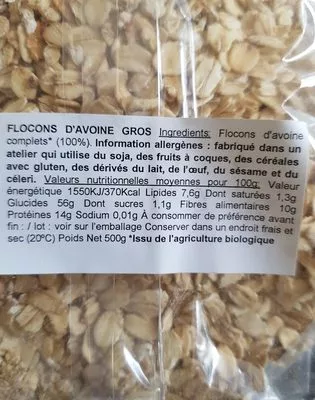 Lista de ingredientes del producto Copos de avena integral gruesos Biográ 