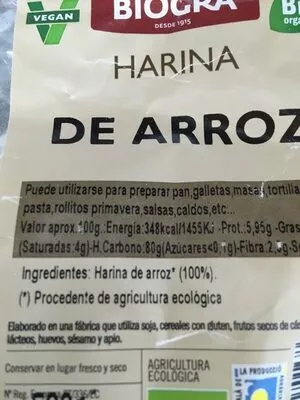 Lista de ingredientes del producto Harina de arroz Biográ 