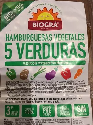 Lista de ingredientes del producto Burgués vegetales de 5 verduras Biogra 