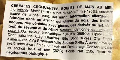 Lista de ingredientes del producto Bolitas Maiz Con Miel 250G Bio Biográ 250 g