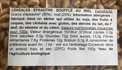 Lista de ingredientes del producto Céréales épautre soufflé au miel  150 g