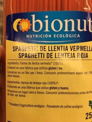 Lista de ingredientes del producto spaghetti lenteja roja  