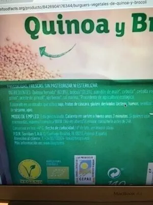 Lista de ingredientes del producto Burguers Vegetales de quinoa y brócoli  2 x 70 g