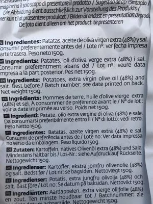 Lista de ingredientes del producto Patates Torres Premium Oli Oliva Verge Extra Torres 150 g