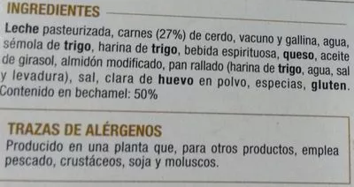 Lista de ingredientes del producto Canelones de Carne con Bechamel Preli 600 g