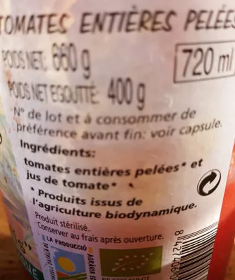 Lista de ingredientes del producto Tomates Entières Pelées "Cal Valls" Cal Valls Poids net : 660g, poids net égoutté : 400g, contenance : 720ml