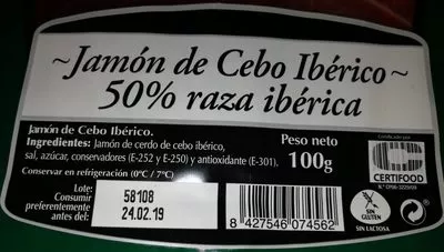 Lista de ingredientes del producto jamón de cebo ibérico azuaga 100 g