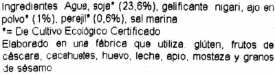 Lista de ingredientes del producto Tofu ecológico "Natursoy" Ajo y perejil Natursoy 250 g