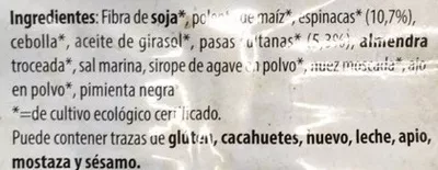 Lista de ingredientes del producto Fibra burger pasas y espinacas Natursoy, Nutrition & Santé Iberia S.L., Nutrition & Santé S.A.S., Otsuka Pharmaceutical Co. Ltd., Otsuka Holdings Co. Ltd. 150 g (2 x 75 g)