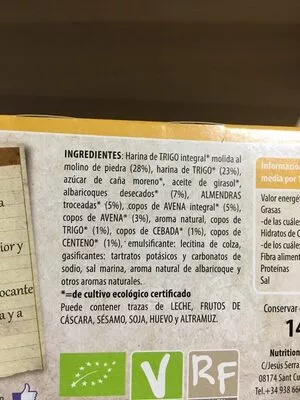 Lista de ingredientes del producto Galletas de cereales con almendras y albaricoques Natursoy 