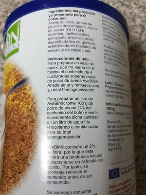 Lista de ingredientes del producto AveBin Bebida de Avena Polvo  400 g