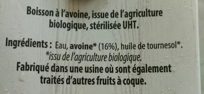 Lista de ingredientes del producto Boisson à l'avoine Kiobio 1 L