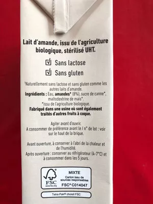 Lista de ingredientes del producto Lait d’amandes (intense) Végémil 6x1L