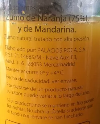 Lista de ingredientes del producto Zumo Natural Felixia 