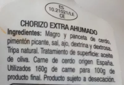 Lista de ingredientes del producto Chorizo Sarta Picante de Leon Pajariel 500 g