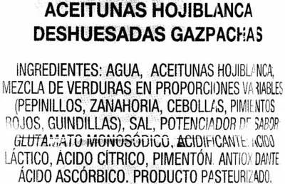 Lista de ingredientes del producto Aceitunas verdes deshuesadas aliñadas "Acorsa" Variedad Hojiblanca Acorsa 1400 g (neto), 600 g (escurrido)