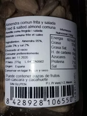 Lista de ingredientes del producto Almendra común frita y salada Les Garrigues 