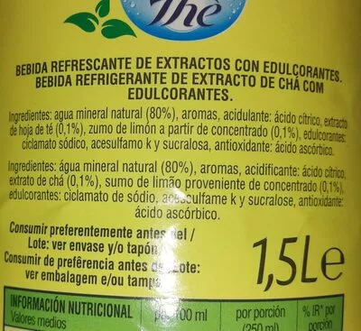 Lista de ingredientes del producto Té Limón Sin Azúcar 1,5 L San Benedetto 