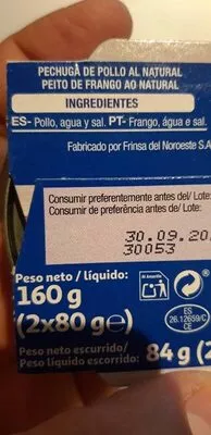 Lista de ingredientes del producto Pechuga de pollo al natural Auchan 2 x 80 g