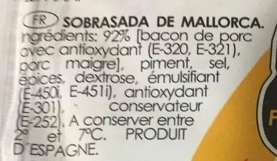 Lista de ingredientes del producto Sobrasada de Mallorca Plaza del Sol 200 g