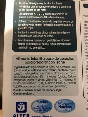 Lista de ingredientes del producto 8 cereales Nutriben 