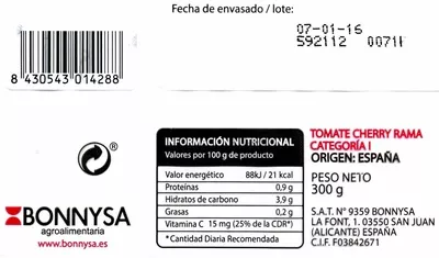 Lista de ingredientes del producto Tomates cherry en rama Korynto 300 g