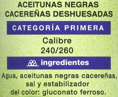 Lista de ingredientes del producto Aceitunas negras cacereñas deshuesadas SuperSol 360 g (neto), 150 g (escurrido), 370 ml