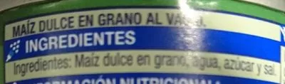 Lista de ingredientes del producto Maíz Dulce en grano Supersol 150 g neto, 140 g escurrido, 212 ml