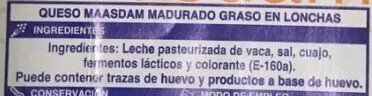 Lista de ingredientes del producto Queso en lonchas Maasdam superSol 200 g