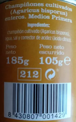 Lista de ingredientes del producto Championes enteros Alimerka 185 g