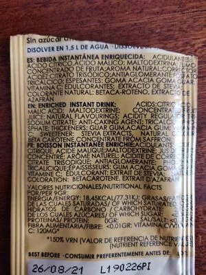 Lista de ingredientes del producto Bebida de fruta concentrada  