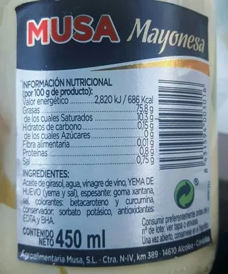 Lista de ingredientes del producto Mayonesa Musa Musa 450 ml