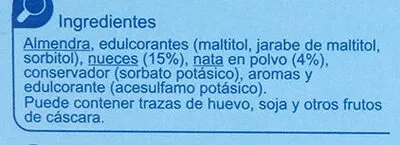 Lista de ingredientes del producto Turrón nata-nuez sin azúcar Carrefour 200 g