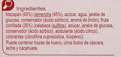 Lista de ingredientes del producto Turrón mazapan fruta Carrefour 250 g