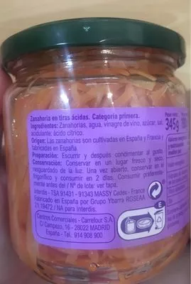 Lista de ingredientes del producto Zanahorias en tiras Carrefour 345g