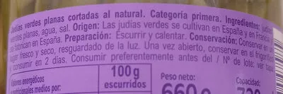 Lista de ingredientes del producto Judías verdes planas Carrefour 360 g