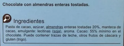 Lista de ingredientes del producto Chocolate negro con almendras Carrefour 200 g