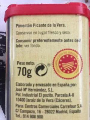 Lista de ingredientes del producto Pimentón pican la vera De nuestra tierra 70 g