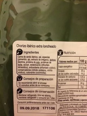 Lista de ingredientes del producto Chorizo ibérico Carrefour 