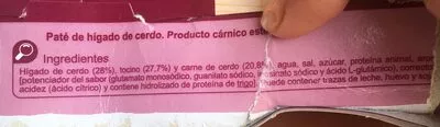 Lista de ingredientes del producto Paté de hígado de cerdio Carrefour 