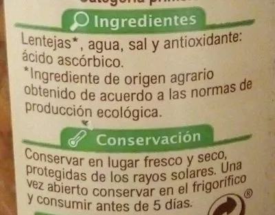 Lista de ingredientes del producto Lentejas Cocidas Carrefour bio 