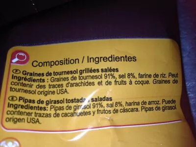 Lista de ingredientes del producto Pipa de girasol Carrefour 