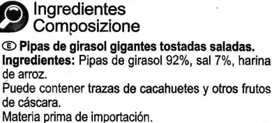 Lista de ingredientes del producto Semillas de girasol con cáscara tostadas con sal Carrefour 200 g