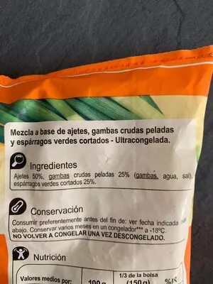 Lista de ingredientes del producto Mezcla de ajetes, gambas y espárragos verdes Carrefour 450 g